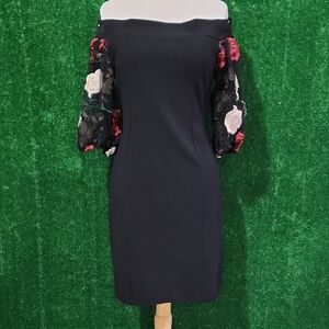 Elegant Off-Shoulder Black Dress with Floral Sleeves